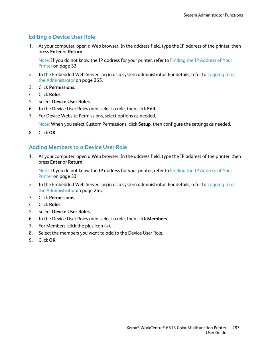 Editing a device user role, Adding members to a device user role | Xerox WorkCentre 6515DNI User Manual | Page 283 / 326