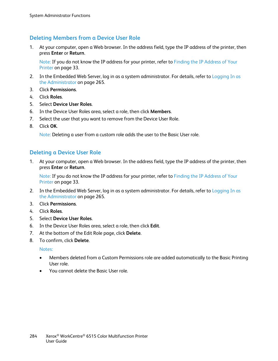 Deleting members from a device user role, Deleting a device user role | Xerox WorkCentre 6515DNI User Manual | Page 284 / 326