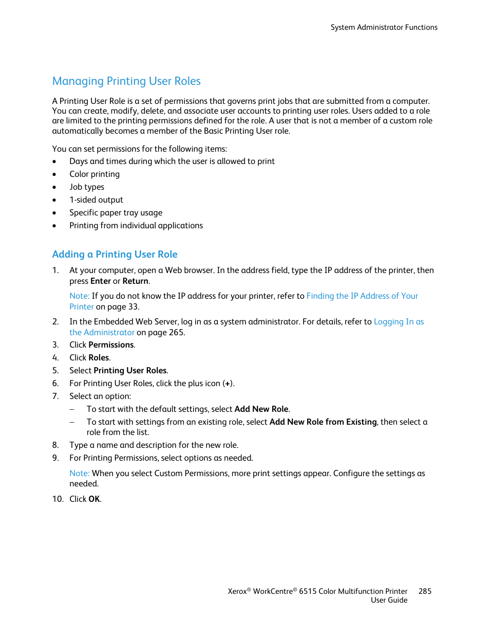 Managing printing user roles, Adding a printing user role | Xerox WorkCentre 6515DNI User Manual | Page 285 / 326