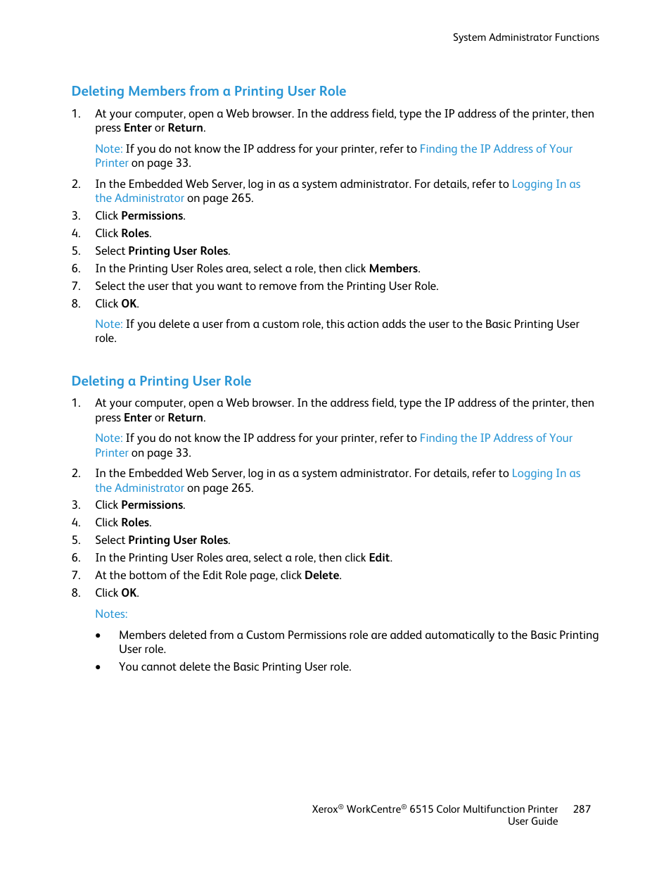 Deleting members from a printing user role, Deleting a printing user role | Xerox WorkCentre 6515DNI User Manual | Page 287 / 326