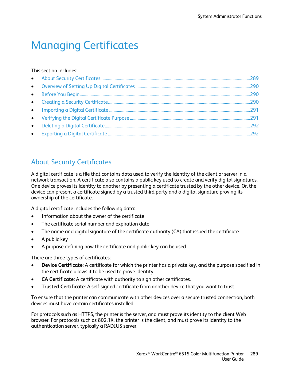 Managing certificates, About security certificates | Xerox WorkCentre 6515DNI User Manual | Page 289 / 326