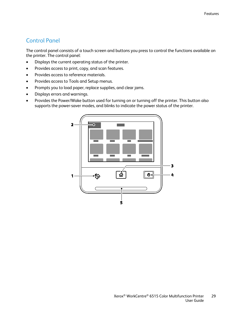 Control panel | Xerox WorkCentre 6515DNI User Manual | Page 29 / 326