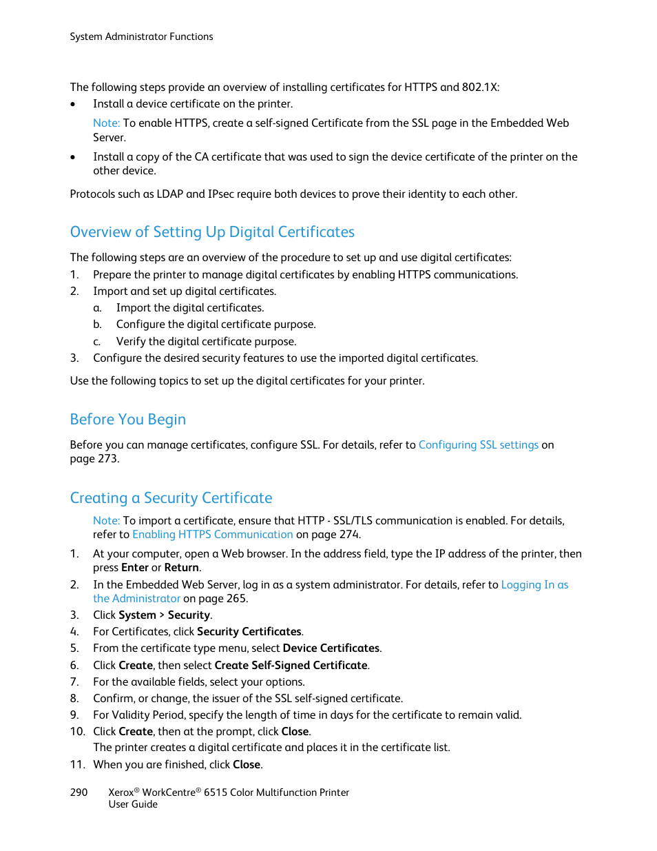 Overview of setting up digital certificates, Before you begin, Creating a security certificate | Xerox WorkCentre 6515DNI User Manual | Page 290 / 326