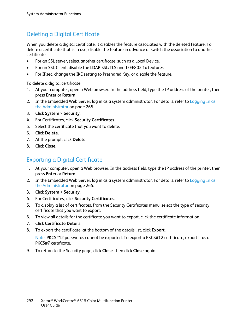 Deleting a digital certificate, Exporting a digital certificate | Xerox WorkCentre 6515DNI User Manual | Page 292 / 326