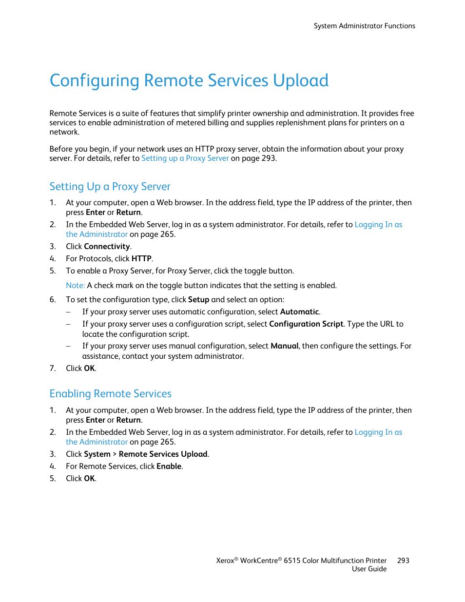 Configuring remote services upload, Setting up a proxy server, Enabling remote services | Xerox WorkCentre 6515DNI User Manual | Page 293 / 326