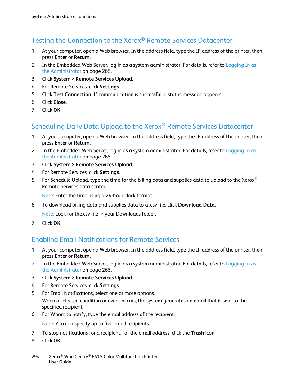 Enabling email notifications for remote services, Testing the connection to the xerox, Remote services datacenter | Scheduling daily data upload to the xerox | Xerox WorkCentre 6515DNI User Manual | Page 294 / 326