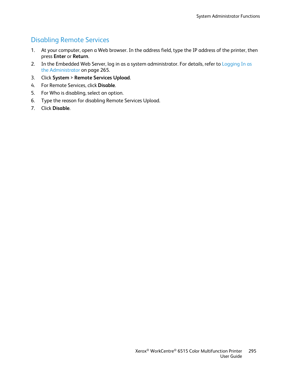 Disabling remote services | Xerox WorkCentre 6515DNI User Manual | Page 295 / 326