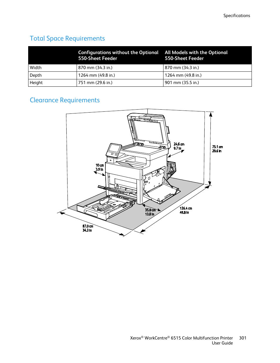 Total space requirements, Clearance requirements | Xerox WorkCentre 6515DNI User Manual | Page 301 / 326