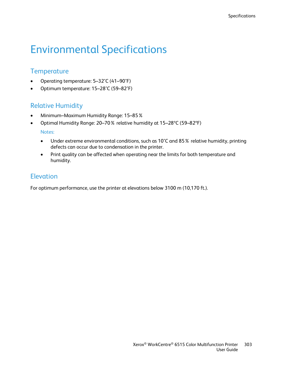 Environmental specifications, Temperature, Relative humidity | Elevation | Xerox WorkCentre 6515DNI User Manual | Page 303 / 326