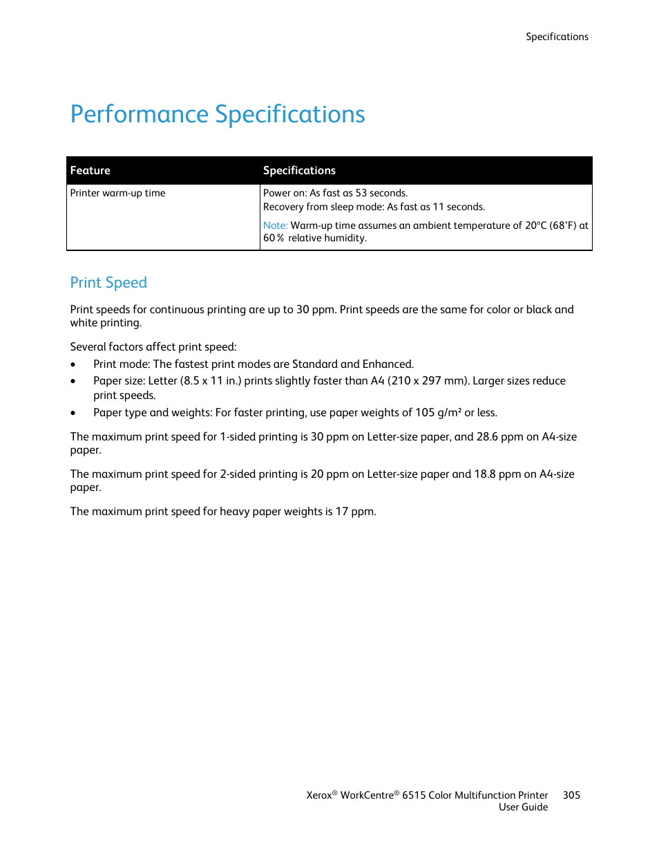 Performance specifications, Print speed | Xerox WorkCentre 6515DNI User Manual | Page 305 / 326