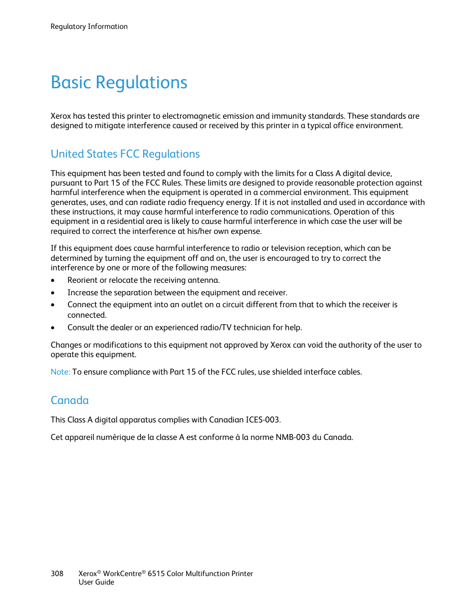 Basic regulations, United states fcc regulations, Canada | Xerox WorkCentre 6515DNI User Manual | Page 308 / 326