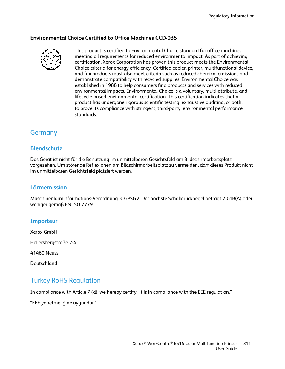 Germany, Blendschutz, Lärmemission | Importeur, Turkey rohs regulation | Xerox WorkCentre 6515DNI User Manual | Page 311 / 326