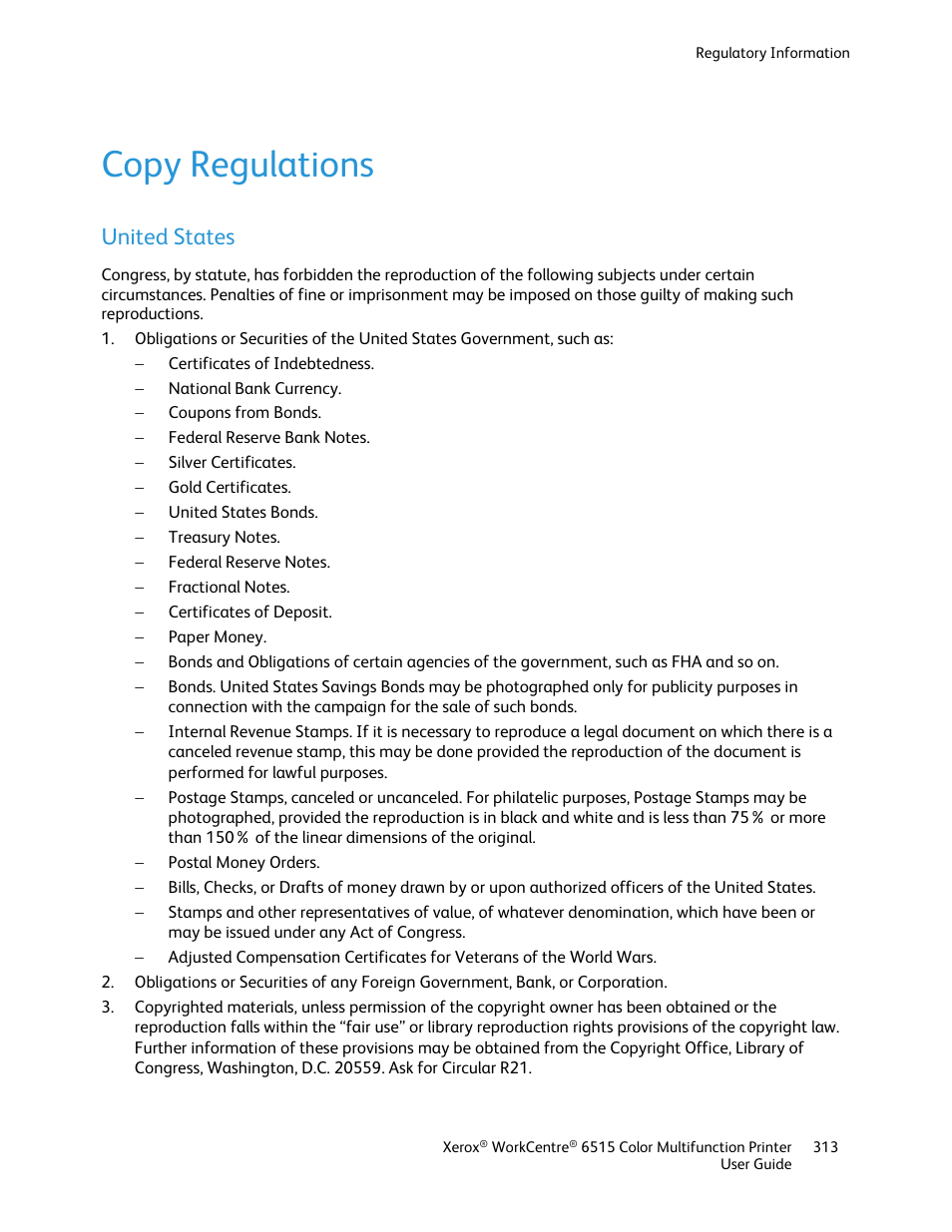 Copy regulations, United states | Xerox WorkCentre 6515DNI User Manual | Page 313 / 326