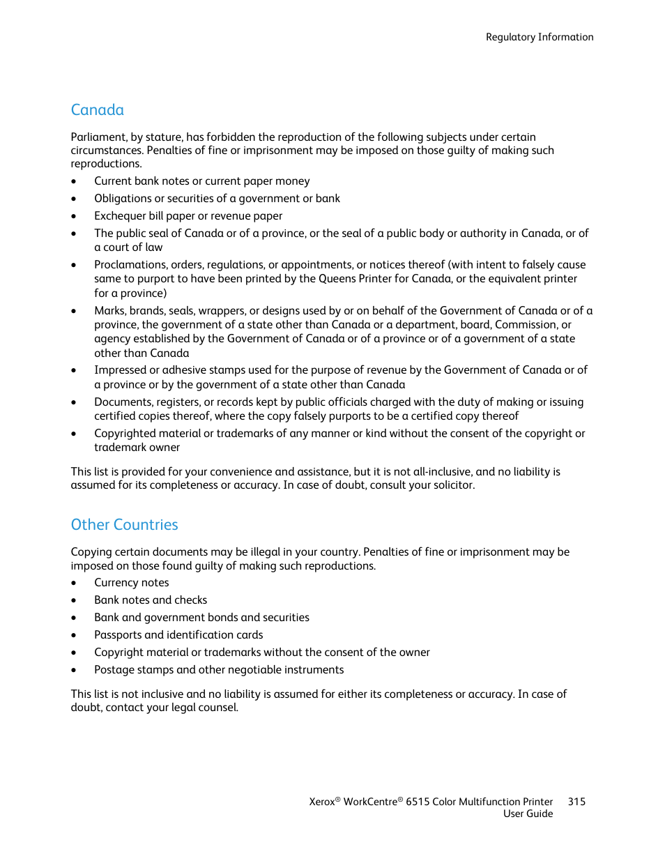 Canada, Other countries | Xerox WorkCentre 6515DNI User Manual | Page 315 / 326