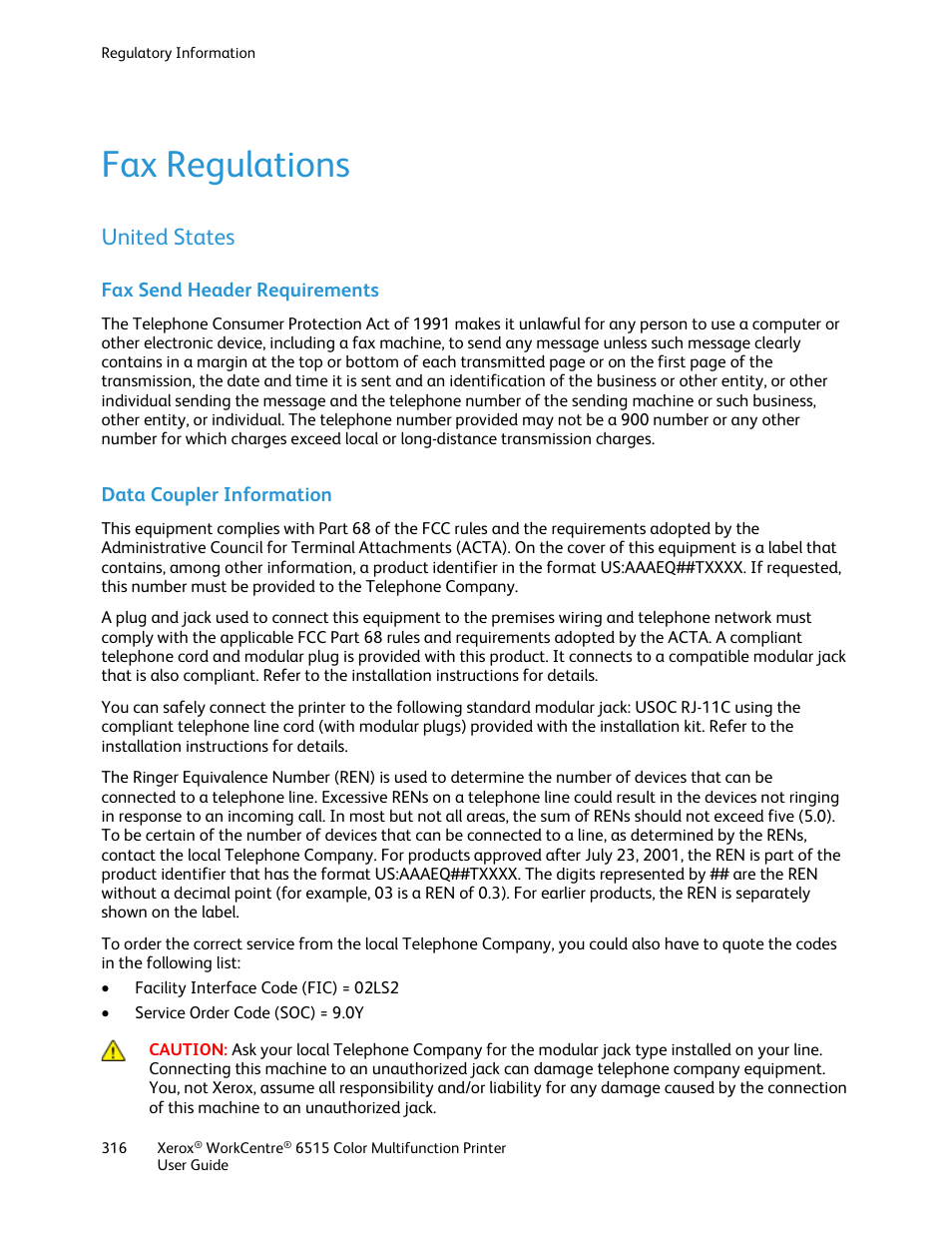 Fax regulations, United states, Fax send header requirements | Data coupler information | Xerox WorkCentre 6515DNI User Manual | Page 316 / 326