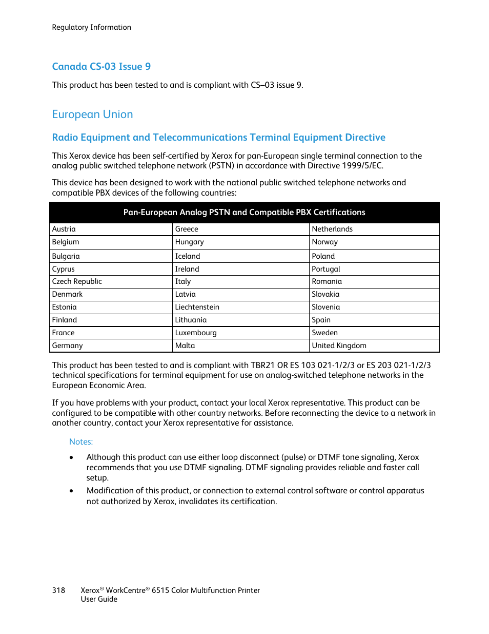 Canada cs-03 issue 9, European union | Xerox WorkCentre 6515DNI User Manual | Page 318 / 326