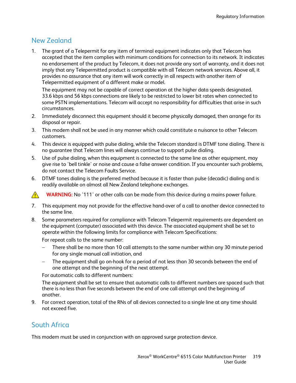 New zealand, South africa | Xerox WorkCentre 6515DNI User Manual | Page 319 / 326