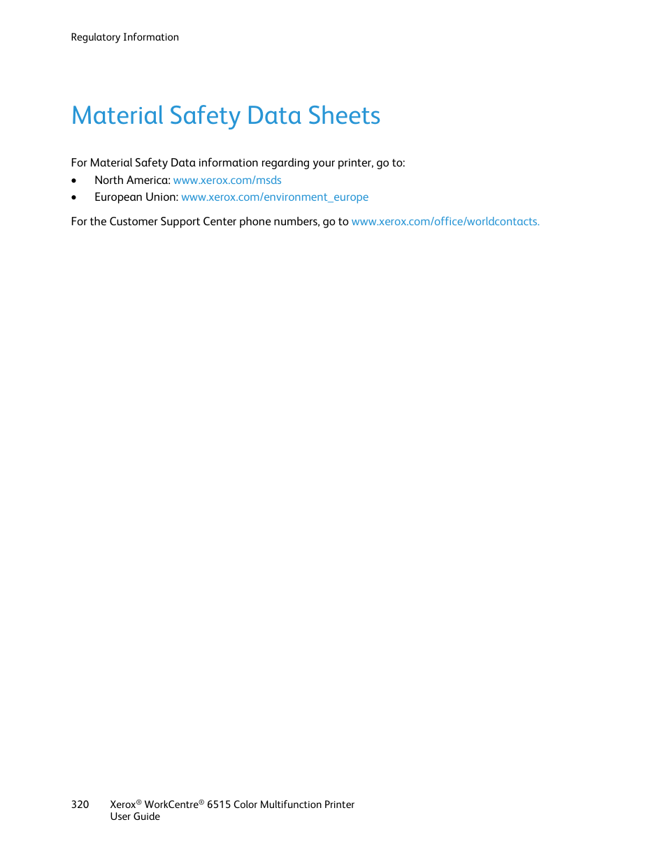 Material safety data sheets | Xerox WorkCentre 6515DNI User Manual | Page 320 / 326