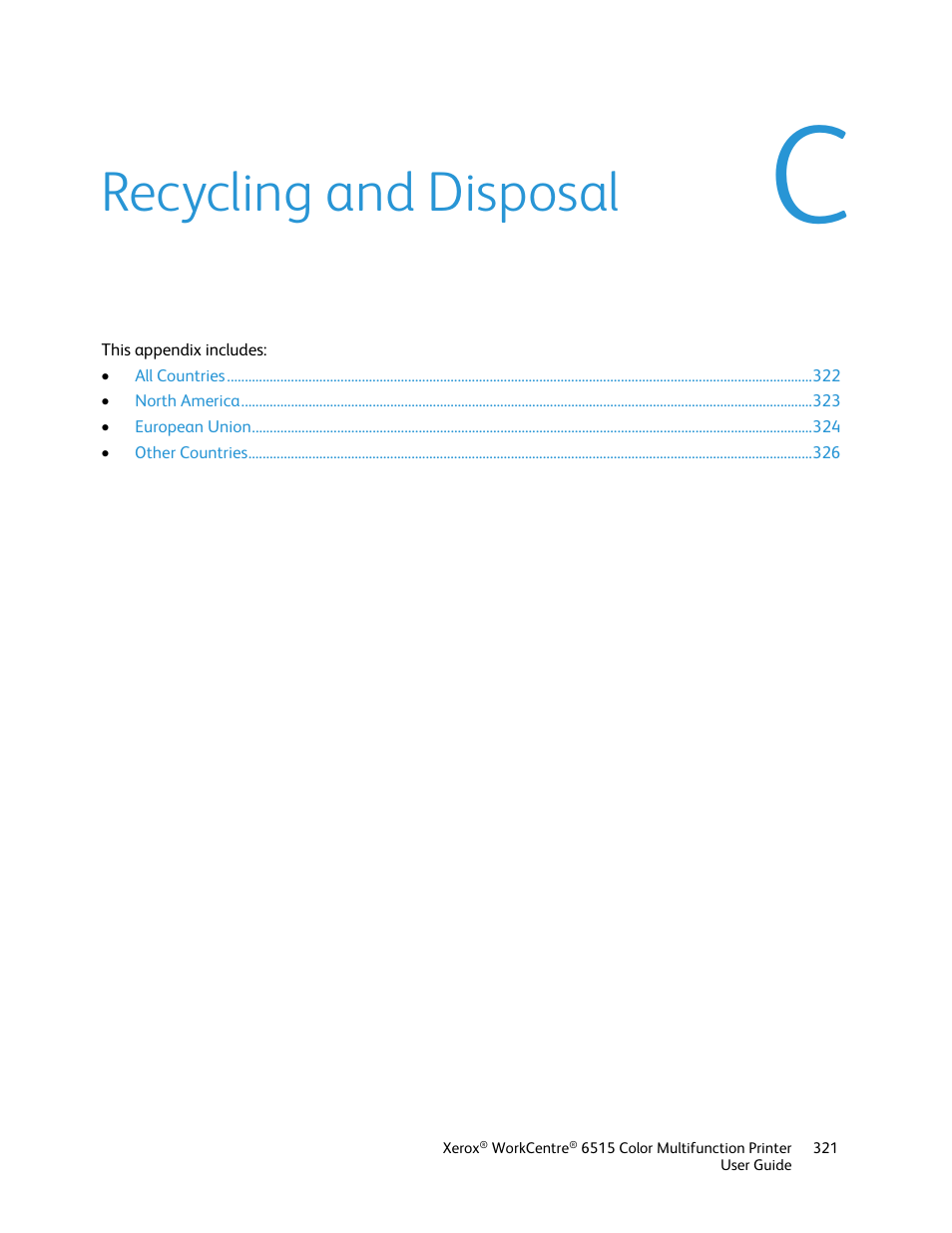 Recycling and disposal | Xerox WorkCentre 6515DNI User Manual | Page 321 / 326