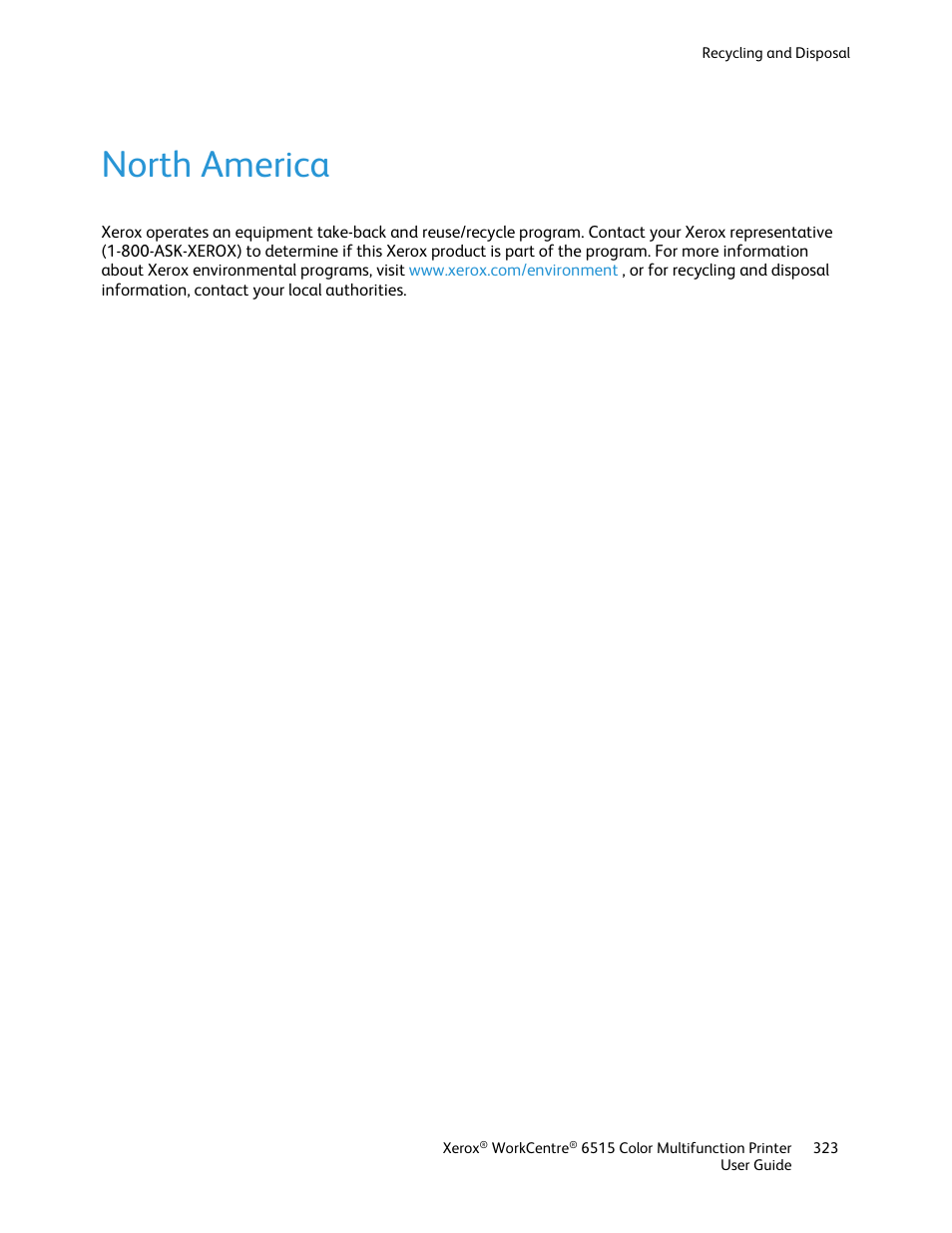 North america | Xerox WorkCentre 6515DNI User Manual | Page 323 / 326