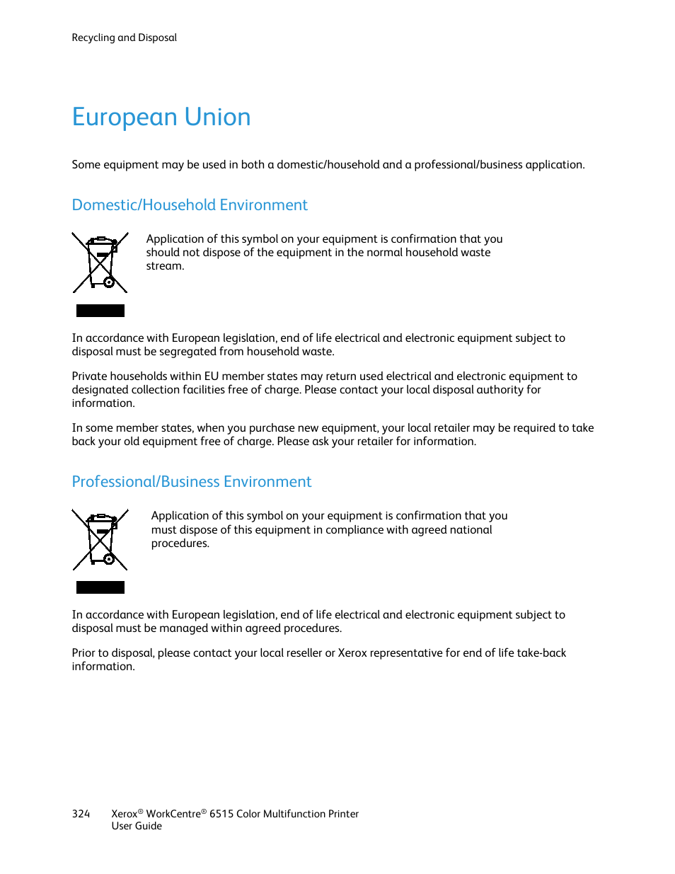 European union, Domestic/household environment, Professional/business environment | Xerox WorkCentre 6515DNI User Manual | Page 324 / 326