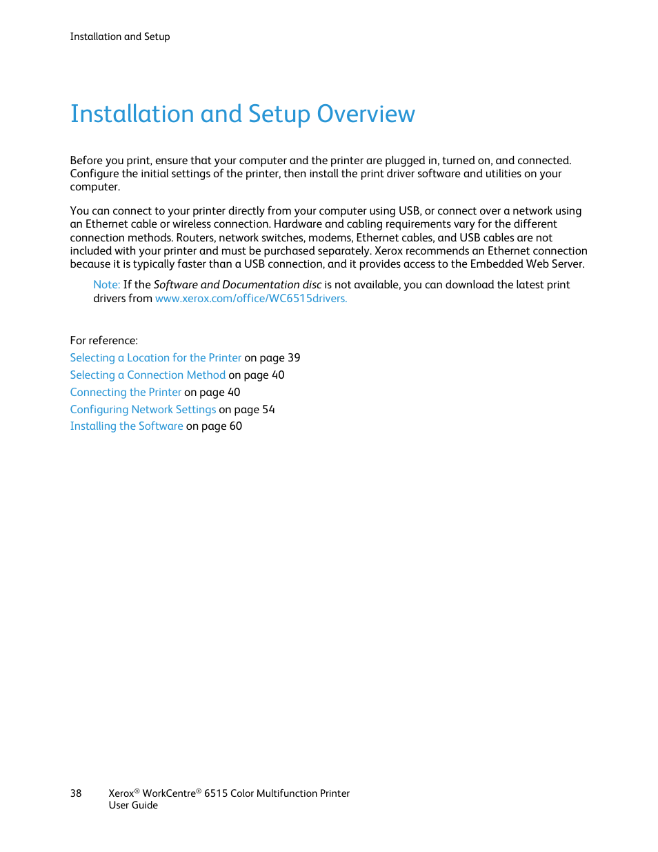 Installation and setup overview | Xerox WorkCentre 6515DNI User Manual | Page 38 / 326