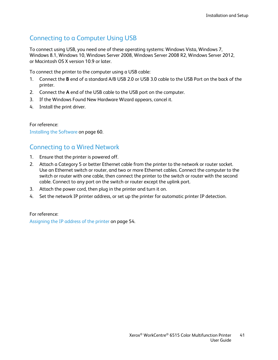 Connecting to a computer using usb, Connecting to a wired network | Xerox WorkCentre 6515DNI User Manual | Page 41 / 326