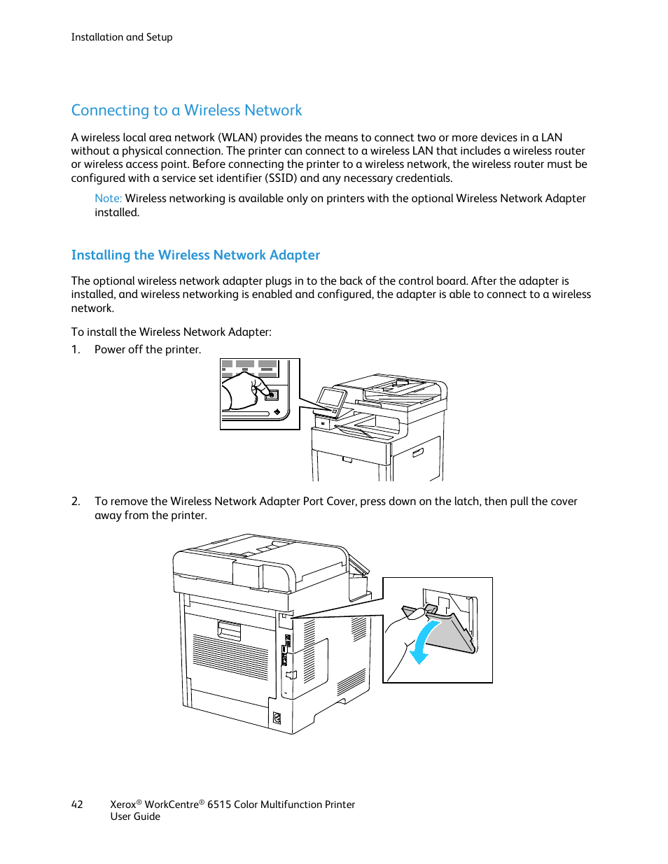 Connecting to a wireless network, Installing the wireless network adapter | Xerox WorkCentre 6515DNI User Manual | Page 42 / 326