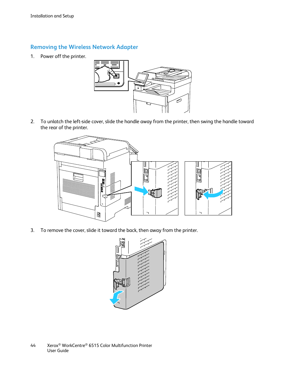 Removing the wireless network adapter, E 44 | Xerox WorkCentre 6515DNI User Manual | Page 44 / 326