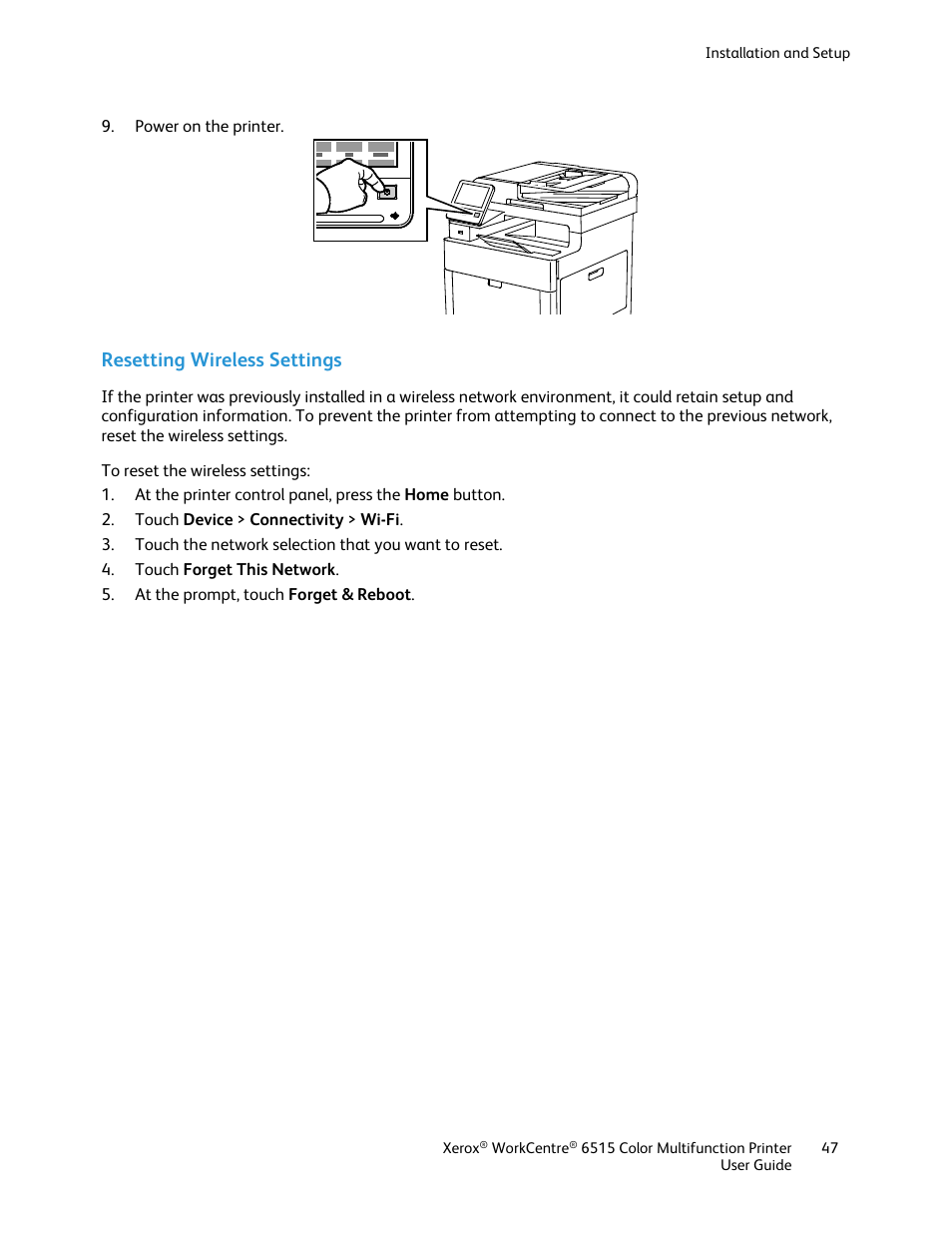 Resetting wireless settings | Xerox WorkCentre 6515DNI User Manual | Page 47 / 326