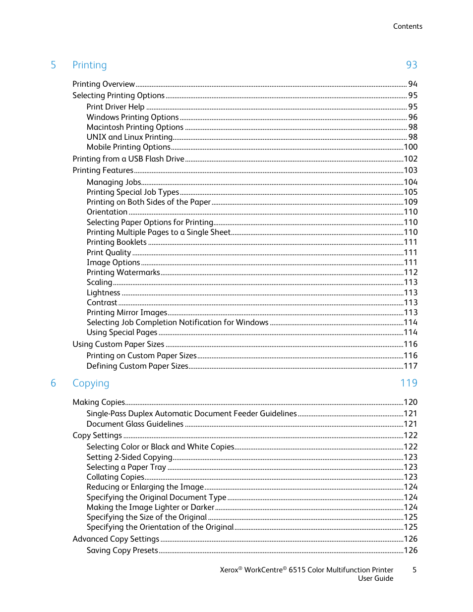 5printing 93, 6copying 119 | Xerox WorkCentre 6515DNI User Manual | Page 5 / 326