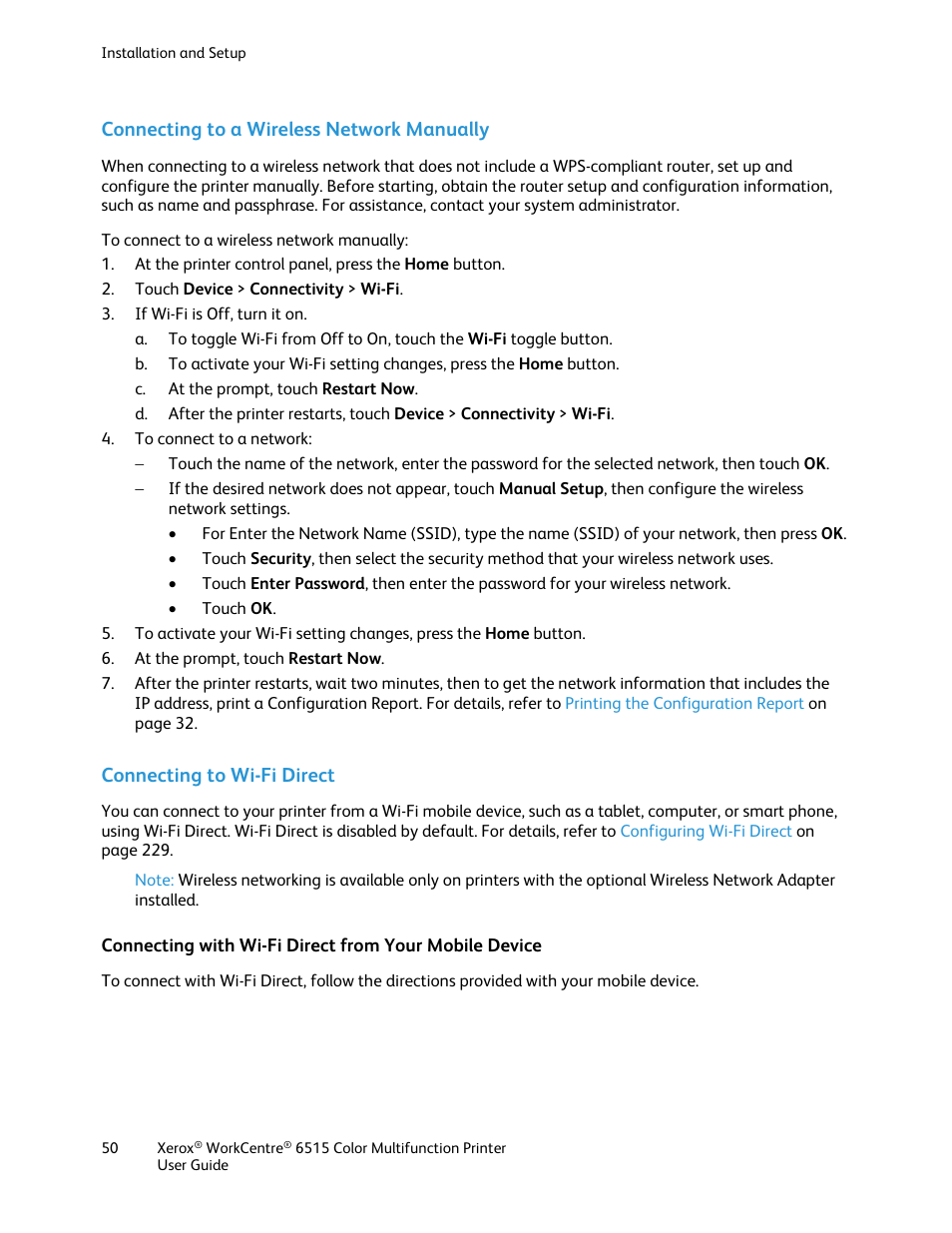 Connecting to a wireless network manually, Connecting to wi-fi direct | Xerox WorkCentre 6515DNI User Manual | Page 50 / 326