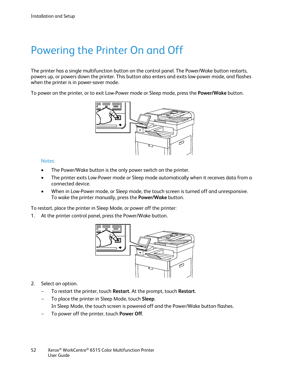 Powering the printer on and off | Xerox WorkCentre 6515DNI User Manual | Page 52 / 326