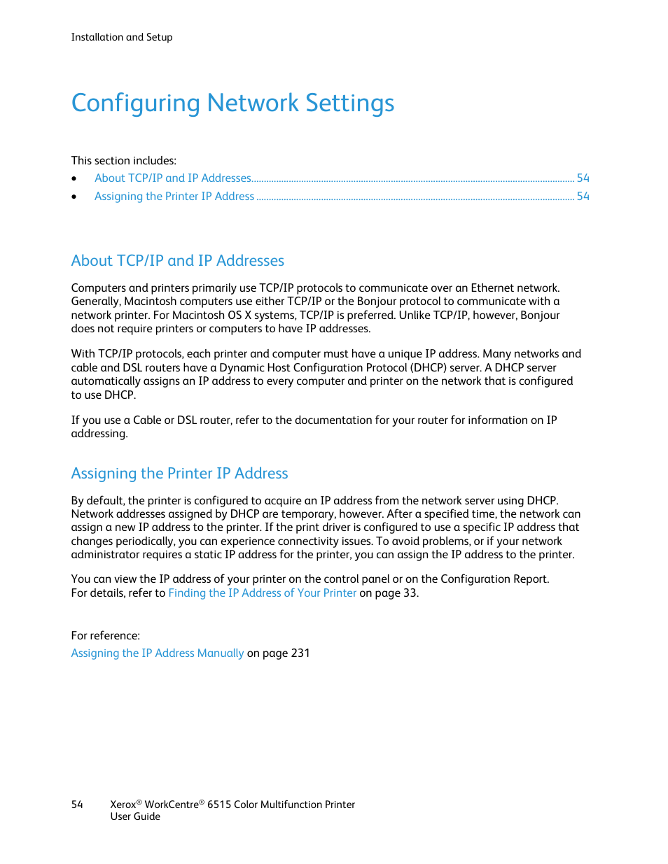 Configuring network settings, About tcp/ip and ip addresses, Assigning the printer ip address | E 54 | Xerox WorkCentre 6515DNI User Manual | Page 54 / 326