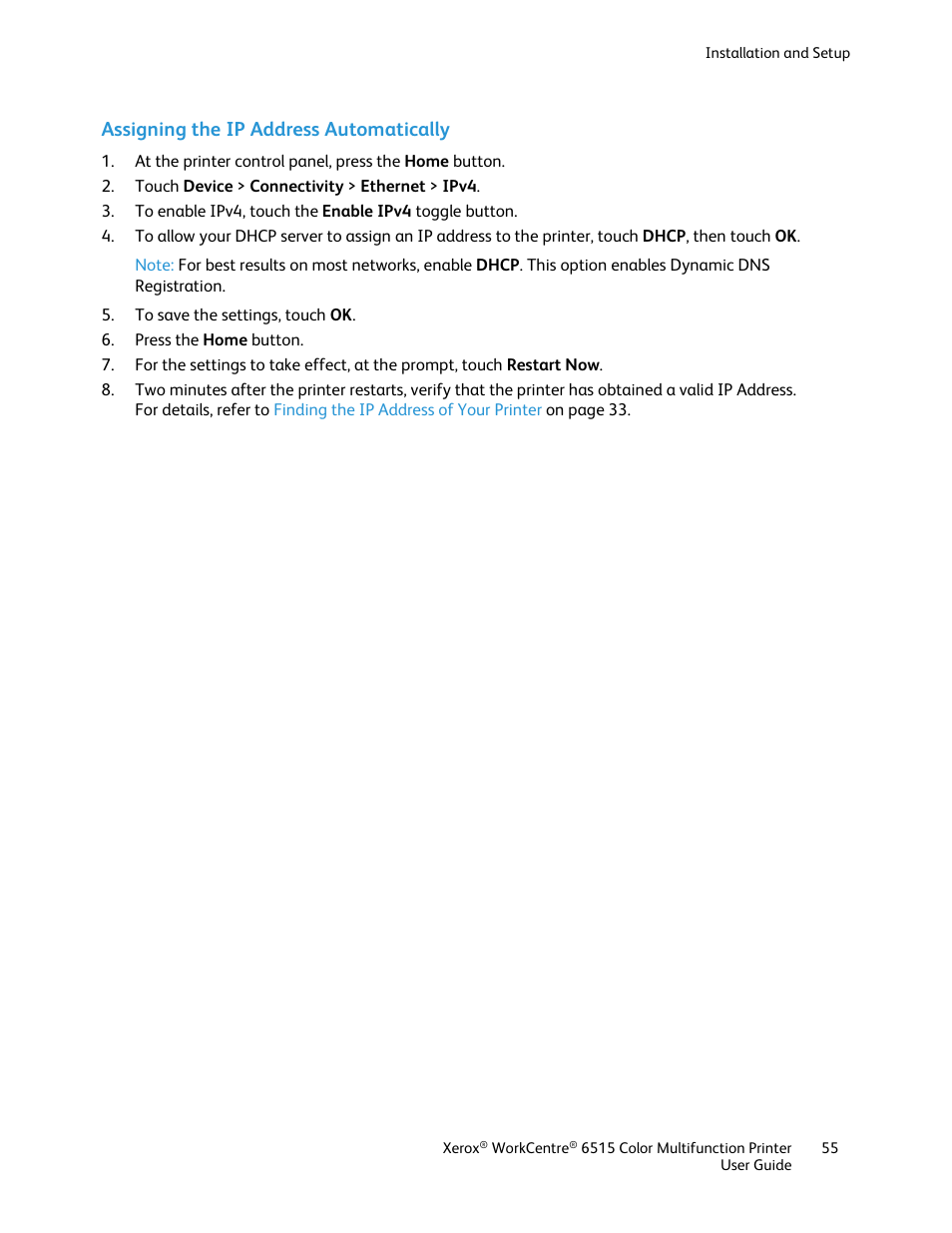 Assigning the ip address automatically | Xerox WorkCentre 6515DNI User Manual | Page 55 / 326