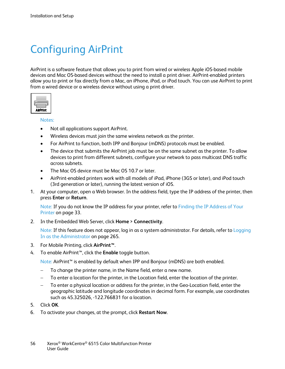 Configuring airprint | Xerox WorkCentre 6515DNI User Manual | Page 56 / 326