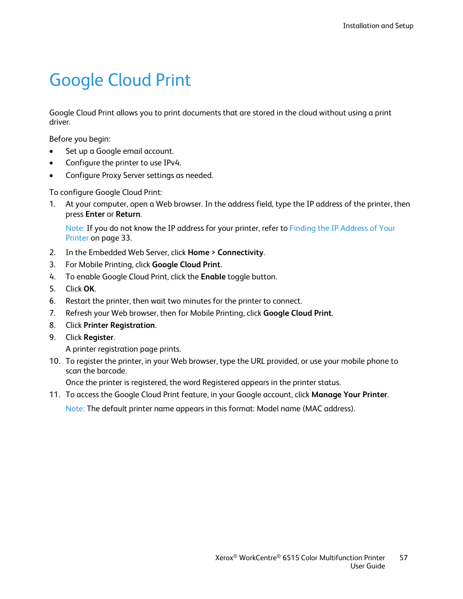 Google cloud print | Xerox WorkCentre 6515DNI User Manual | Page 57 / 326