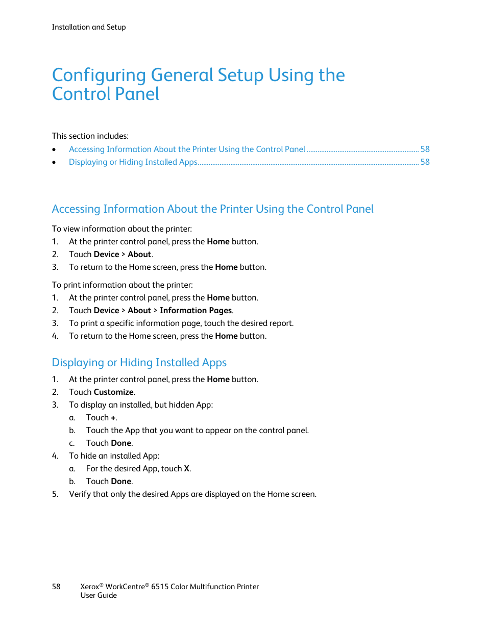 Configuring general setup using the control panel, Displaying or hiding installed apps | Xerox WorkCentre 6515DNI User Manual | Page 58 / 326