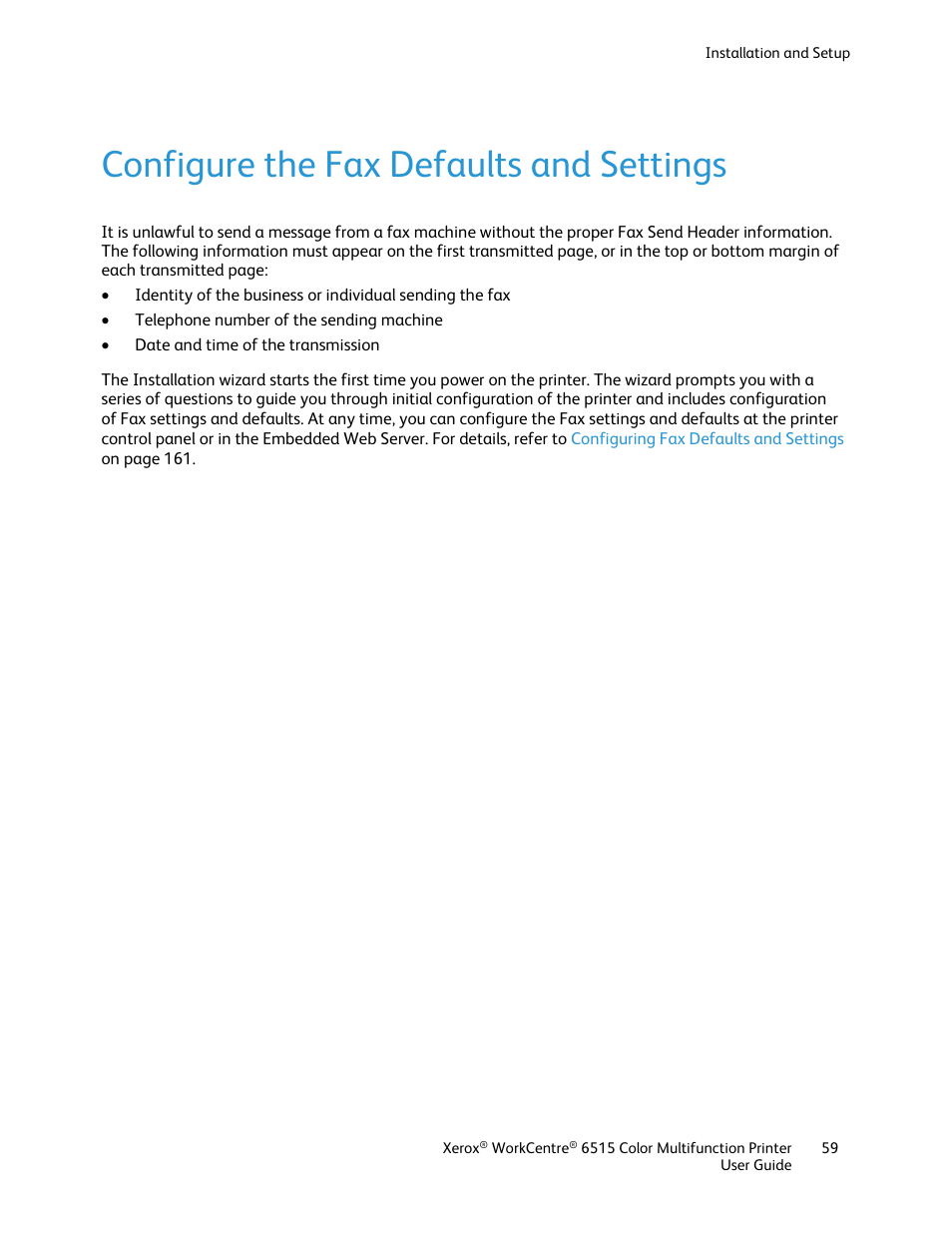 Configure the fax defaults and settings | Xerox WorkCentre 6515DNI User Manual | Page 59 / 326