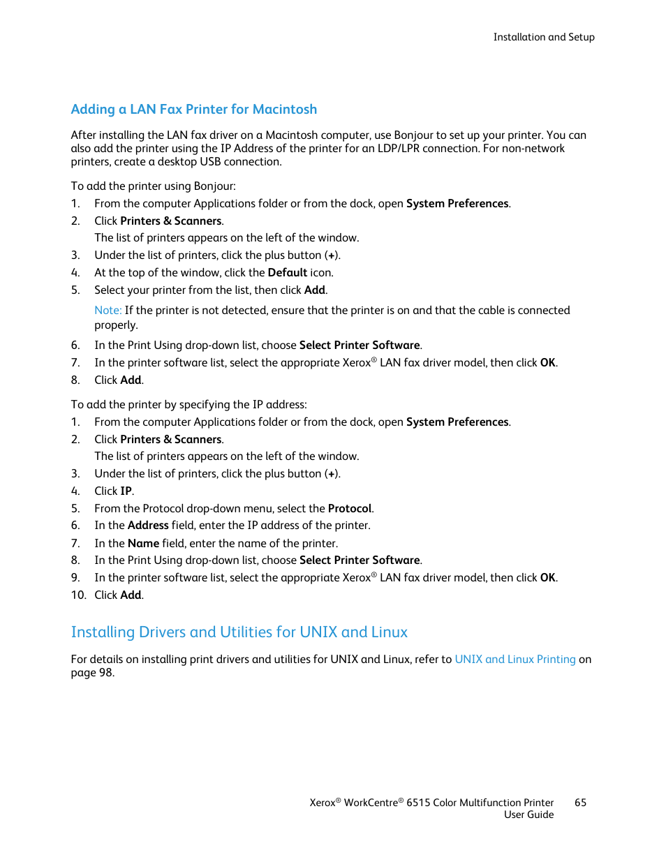 Adding a lan fax printer for macintosh | Xerox WorkCentre 6515DNI User Manual | Page 65 / 326