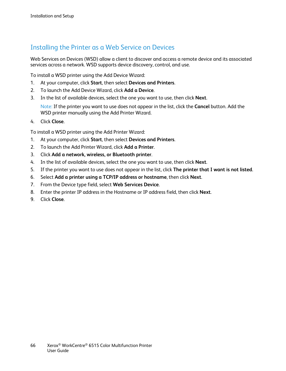 Installing the printer as a web service on devices | Xerox WorkCentre 6515DNI User Manual | Page 66 / 326