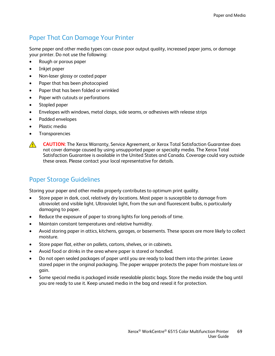 Paper that can damage your printer, Paper storage guidelines | Xerox WorkCentre 6515DNI User Manual | Page 69 / 326