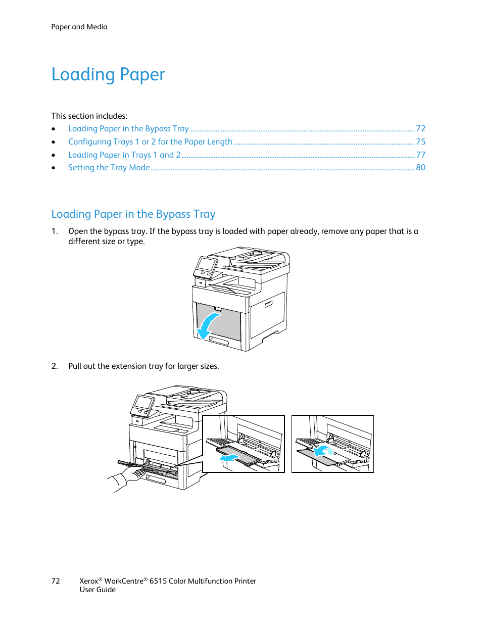 Loading paper, Loading paper in the bypass tray | Xerox WorkCentre 6515DNI User Manual | Page 72 / 326