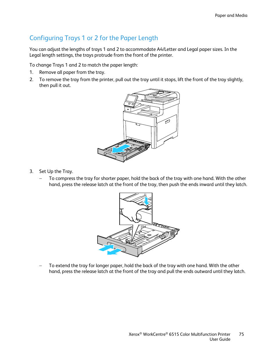 Configuring trays 1 or 2 for the paper length | Xerox WorkCentre 6515DNI User Manual | Page 75 / 326