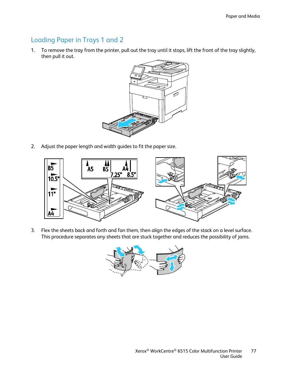 Loading paper in trays 1 and 2 | Xerox WorkCentre 6515DNI User Manual | Page 77 / 326