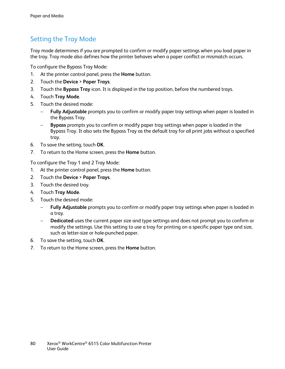 Setting the tray mode | Xerox WorkCentre 6515DNI User Manual | Page 80 / 326