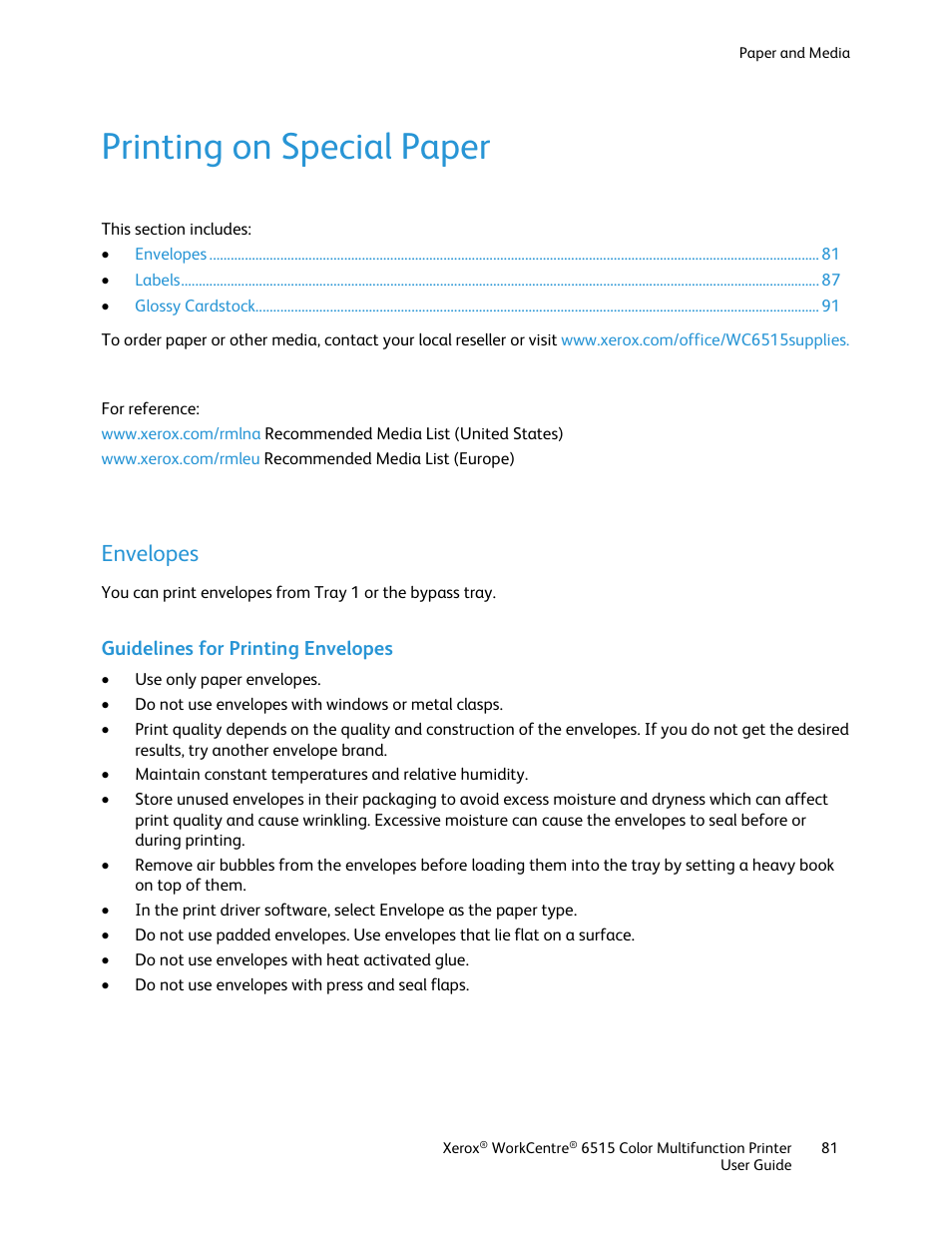 Printing on special paper, Envelopes, Guidelines for printing envelopes | Xerox WorkCentre 6515DNI User Manual | Page 81 / 326