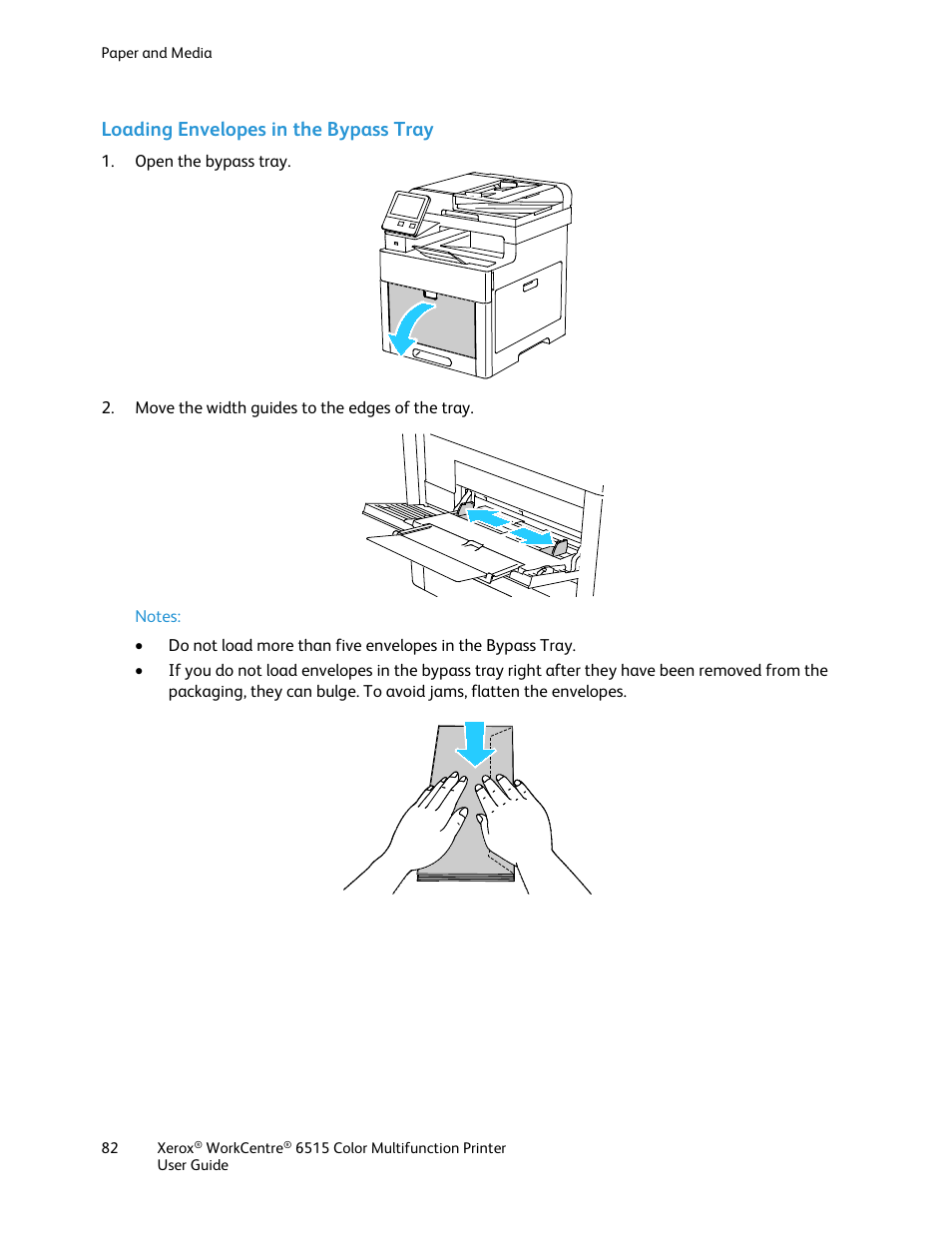 Loading envelopes in the bypass tray | Xerox WorkCentre 6515DNI User Manual | Page 82 / 326