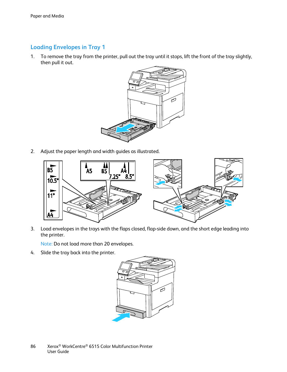 Loading envelopes in tray 1 | Xerox WorkCentre 6515DNI User Manual | Page 86 / 326