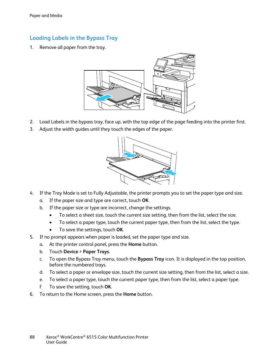 Loading labels in the bypass tray | Xerox WorkCentre 6515DNI User Manual | Page 88 / 326